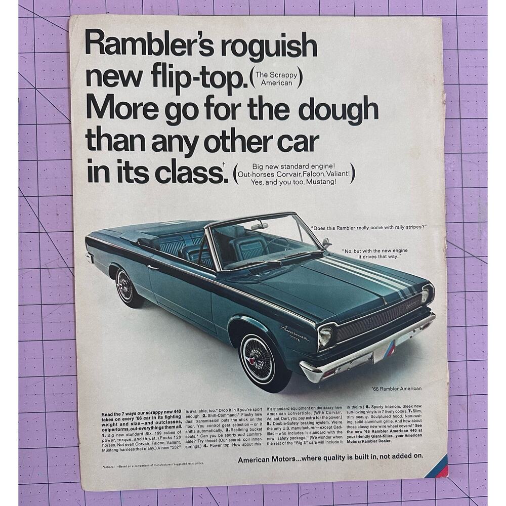 1966 American Motors Rambler Vintage Retro Print Ad Blue Convertible